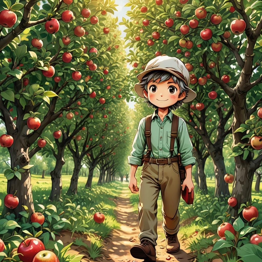 Chibi Johnny Appleseed in Apple Orchard, Digital Art