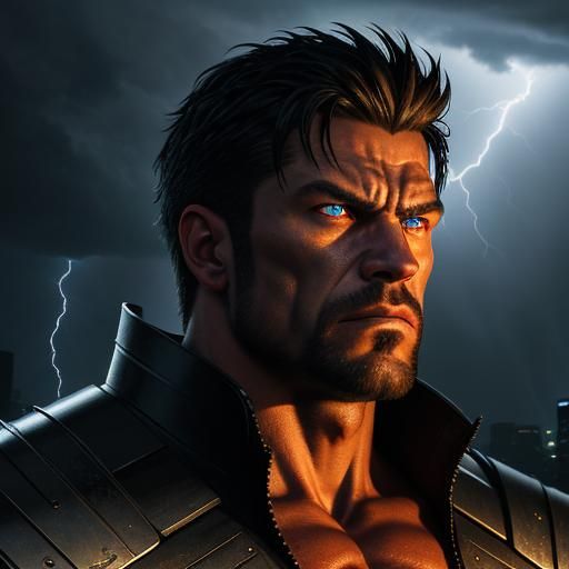 Muscular Warrior in Stormy Cityscape: Digital Art
