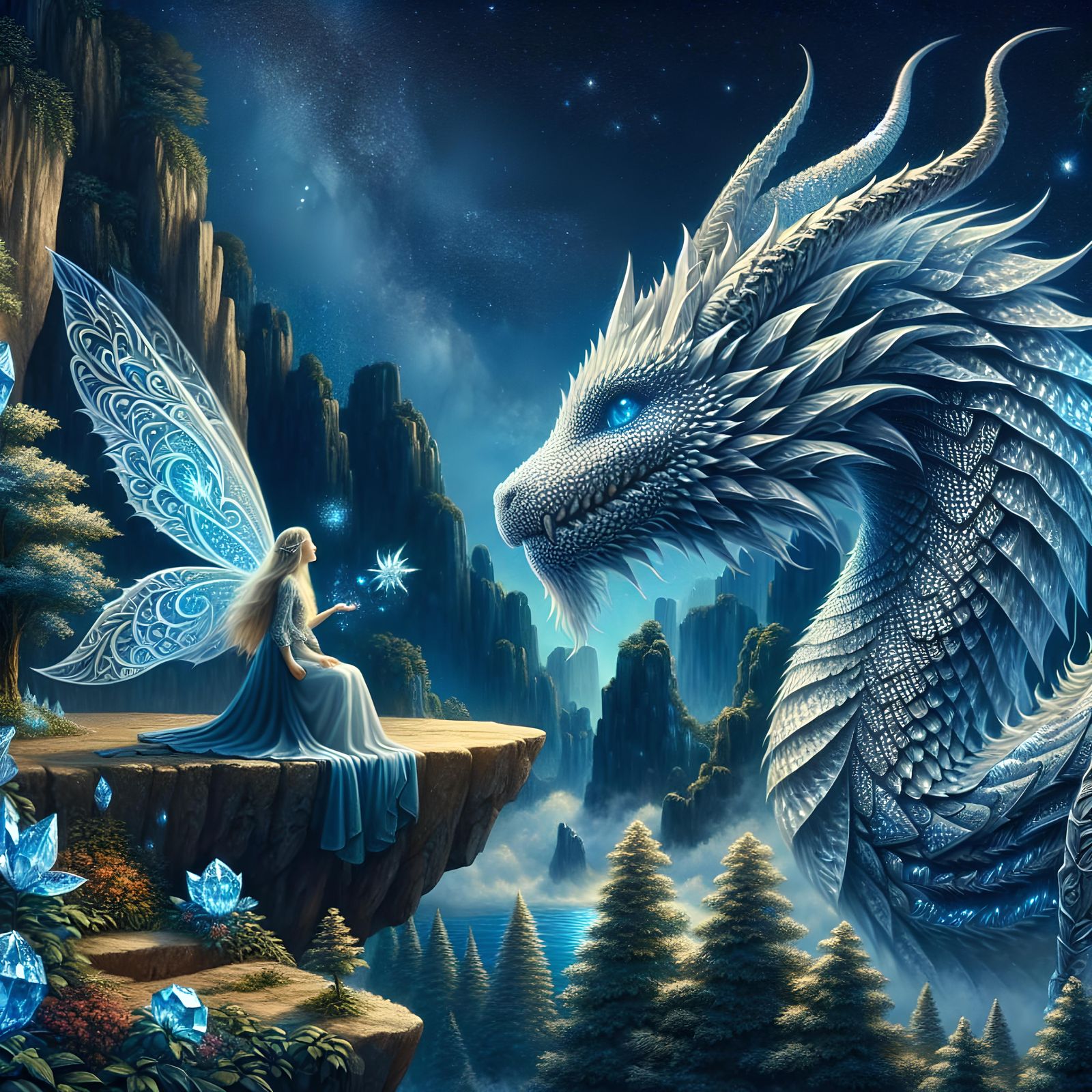 Fairy and Dragon Under Starry Sky