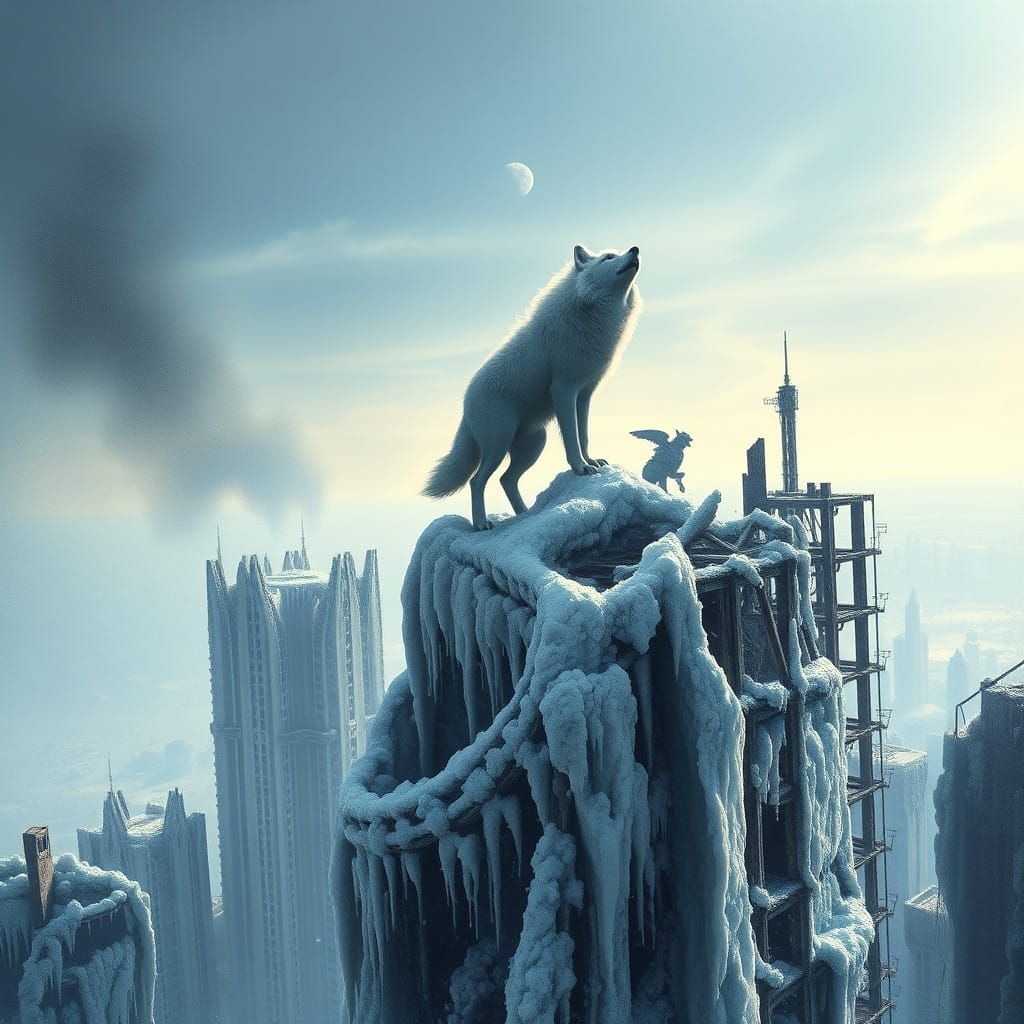 Frozen Metropolis Illuminated by God Rays in a Haunting Wint...