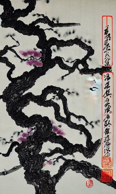 Ancient Plum Tree in Ink Wash Painting