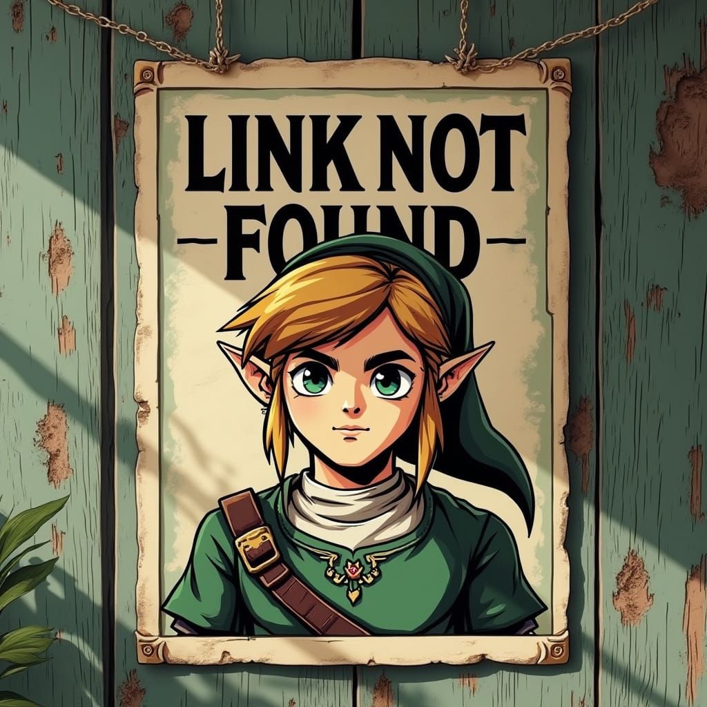 The Mysterious Link Poster in a Weathered Wooden Setting