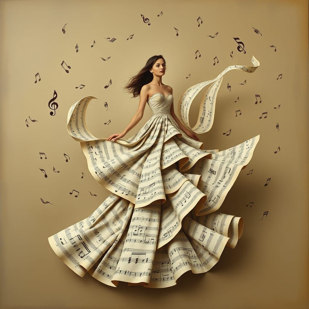 Dreamlike Scene of a Woman in Musical Gown, Swirling Music N...