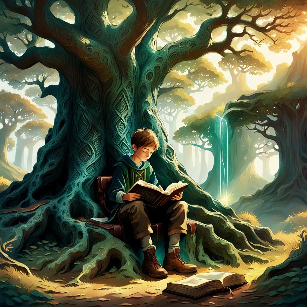 Boy Reading Under Ancient Tree in Fantasy Landscape