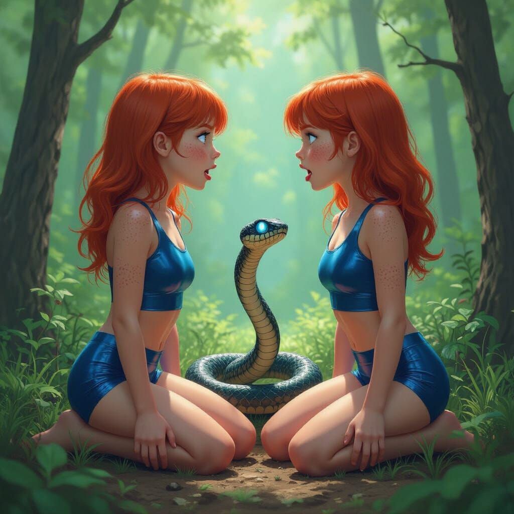 Redhead Twins and Glowing Snake in Forest, Digital Painting
