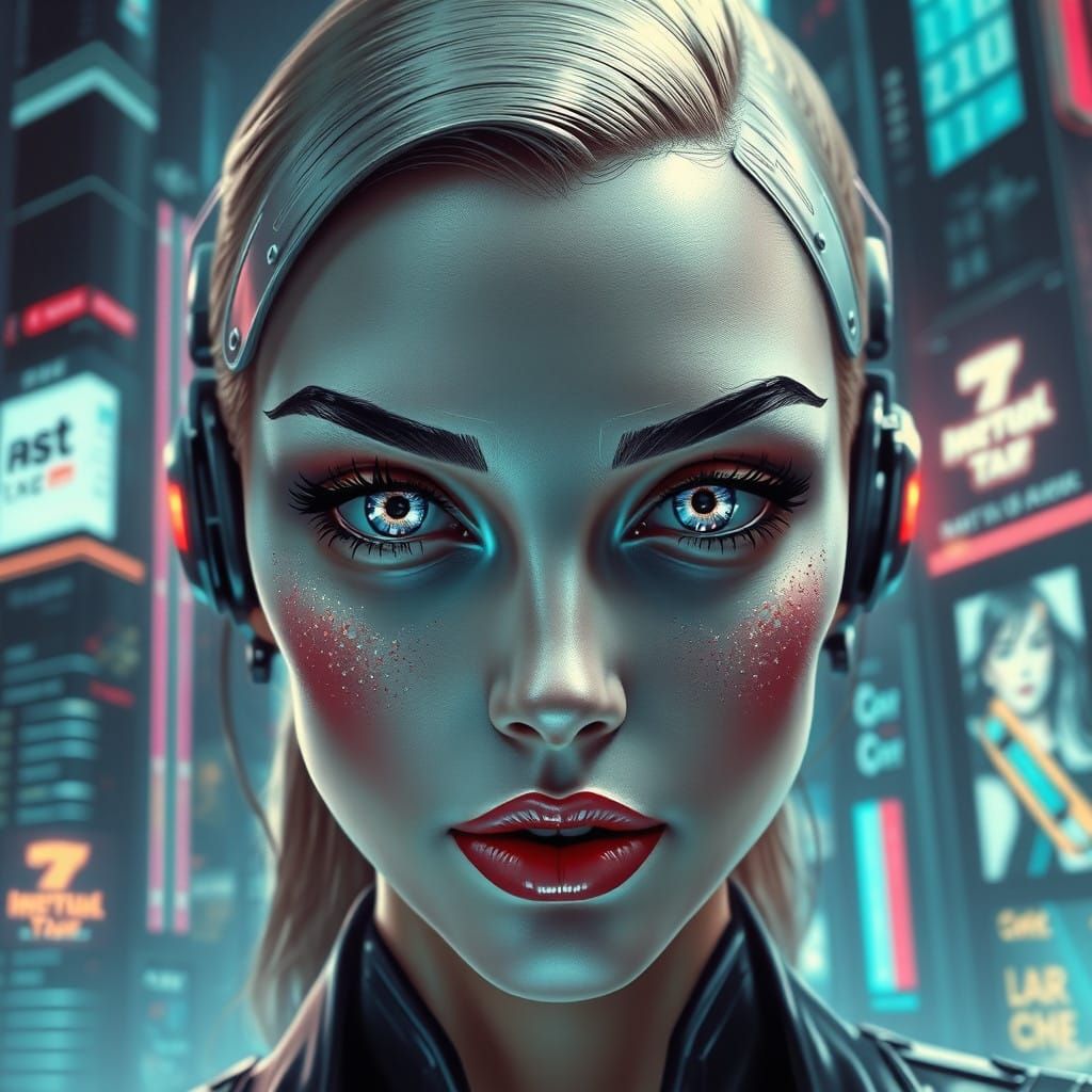 Futuristic Cyberpunk Woman Exudes Confidence in Neon Citysca...