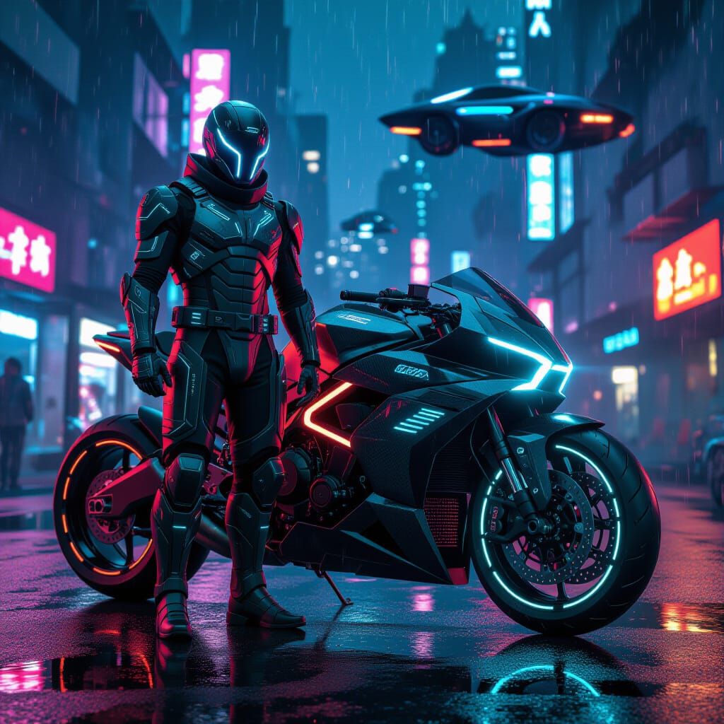 Futuristic Ninja in Cyberpunk City at Night