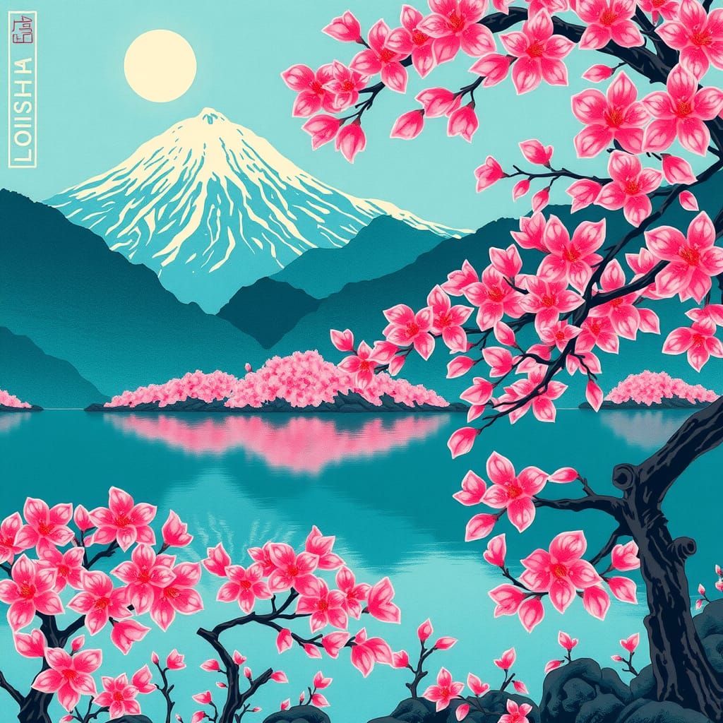 Cherry Blossoms by Mountain Lake: Ukiyo-e Wood Carving
