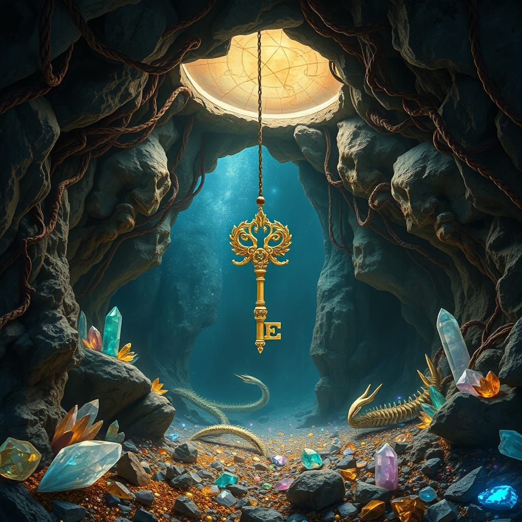 Ethereal Key in Majestic Cave with Dragon Bones and Treasure