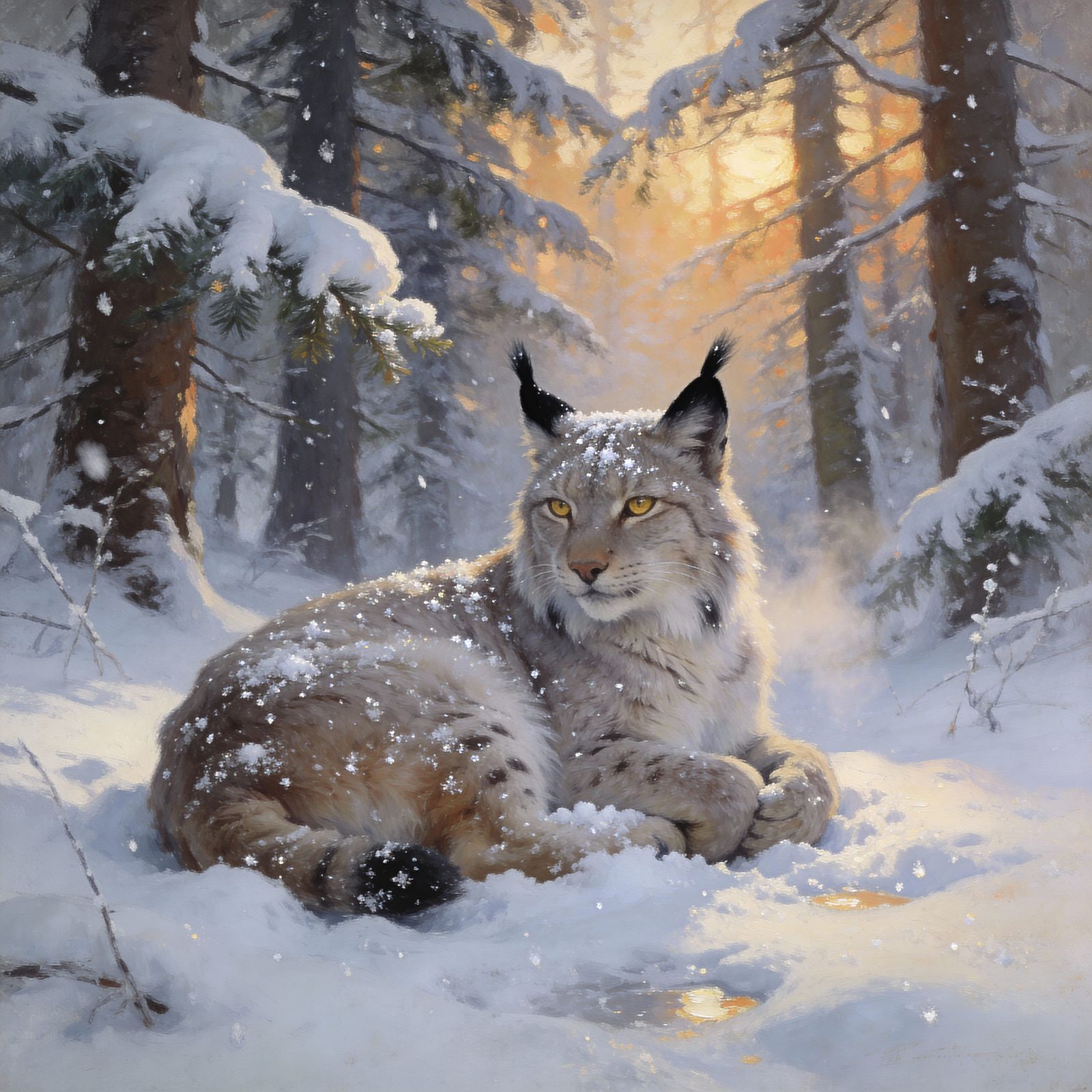 Majestic Lynx in Snowy Forest, Wildlife Romanticism Style