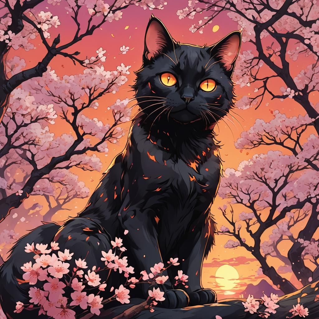 Flaming Black Cat in Anime Sunset with Cherry Blossoms