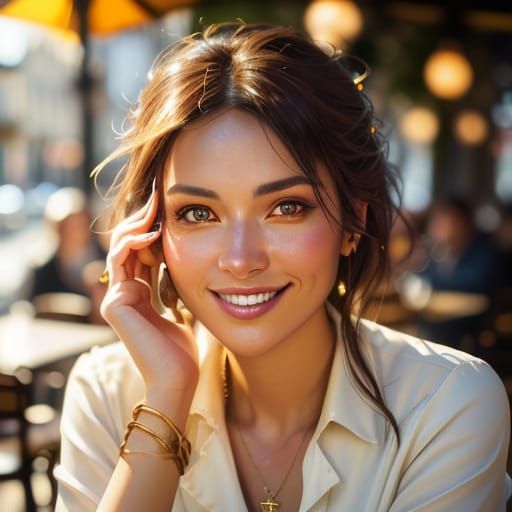 French Woman in Sunlight at Cafe