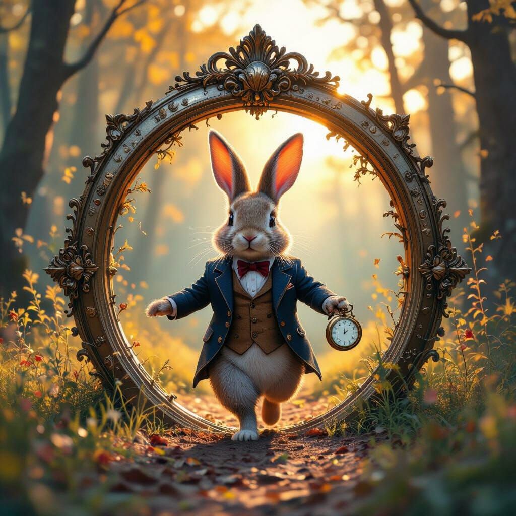 Whimsical Rabbit Through Storybook Portal: Impasto Style