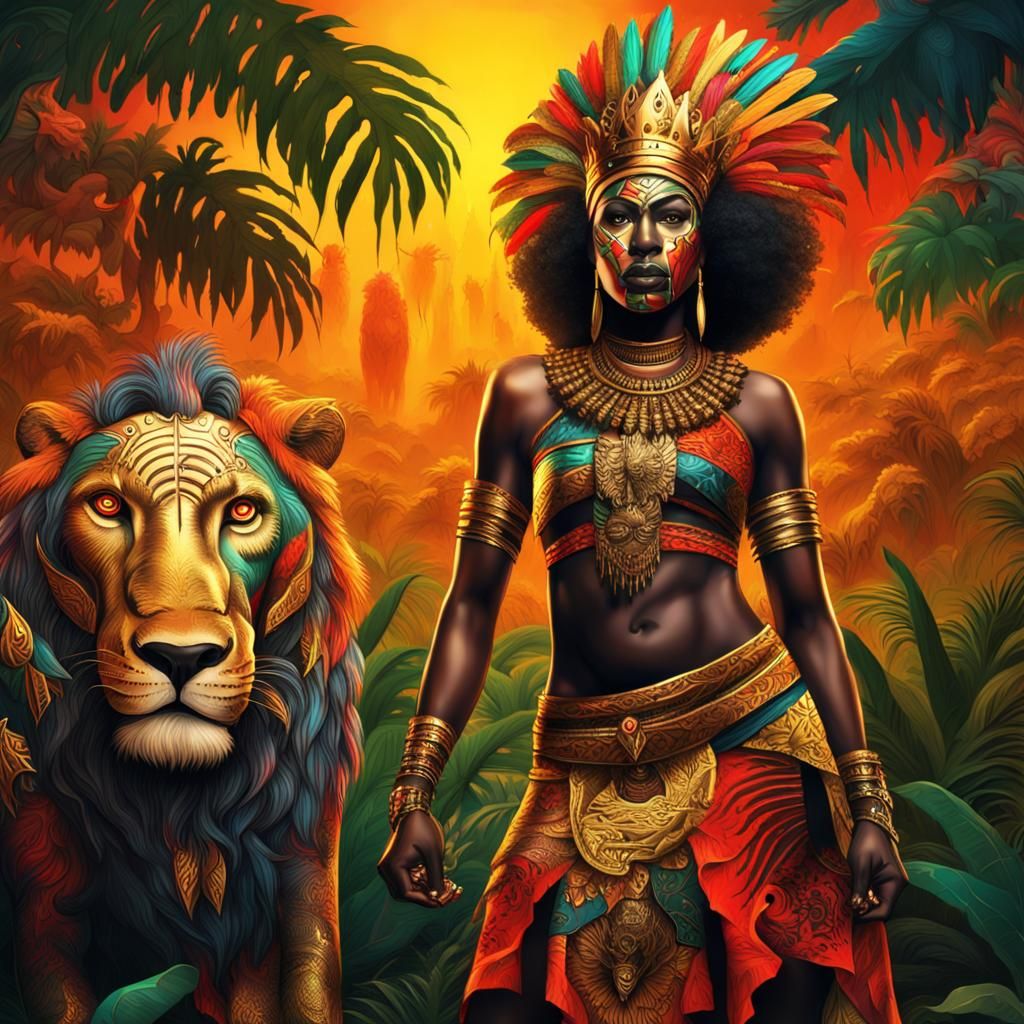 Neon African Warrior Woman in Jungle Battle