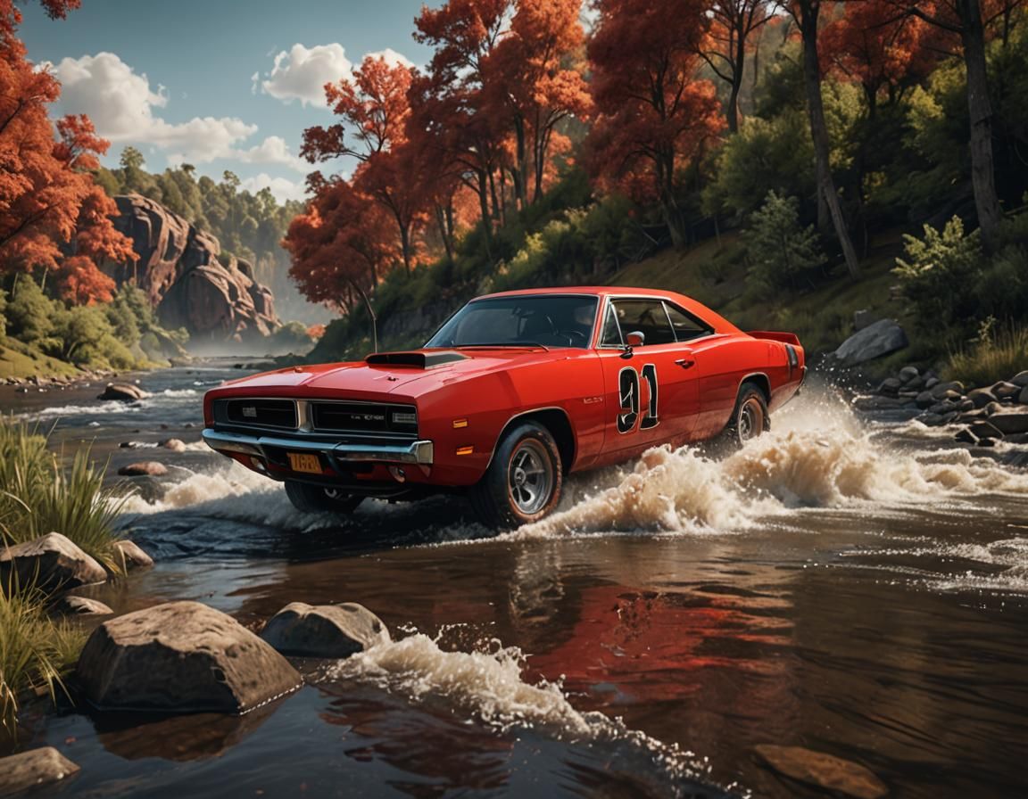 Dukes of Hazzard Charger Jumps River: Photorealistic Image