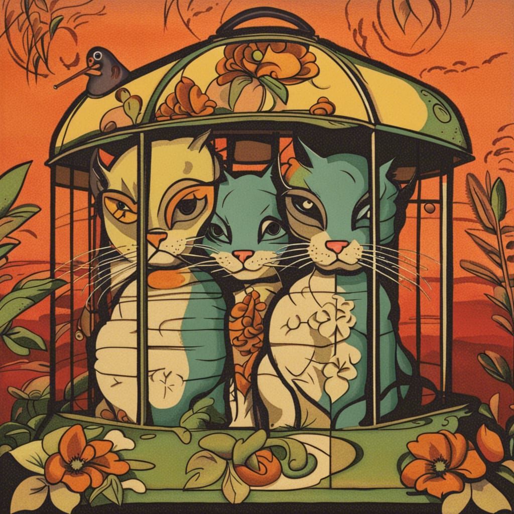 Two Cats Staring into Bird Cage in Atomic Art