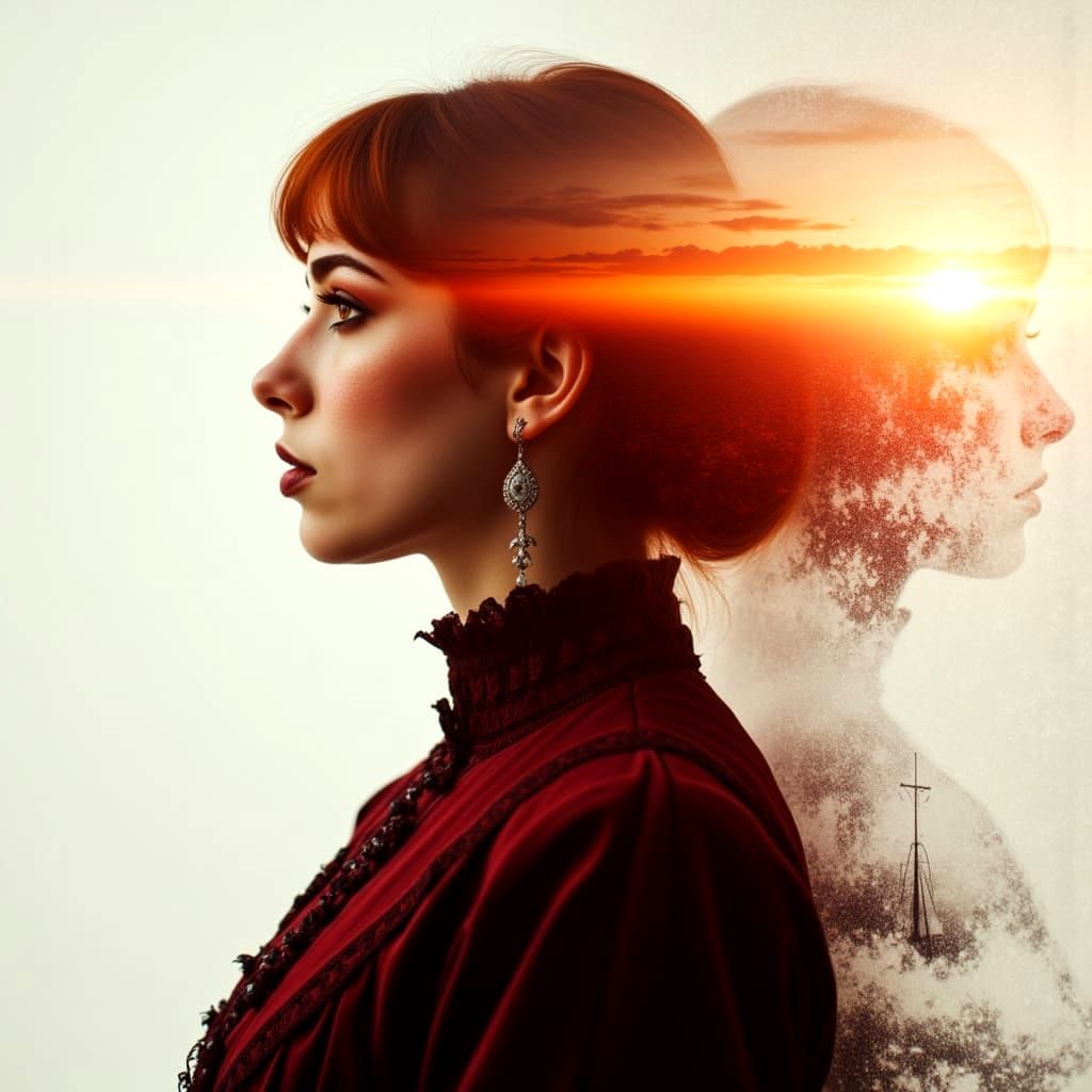 Emo Woman in Victorian Dress with Sunrise Double Exposure