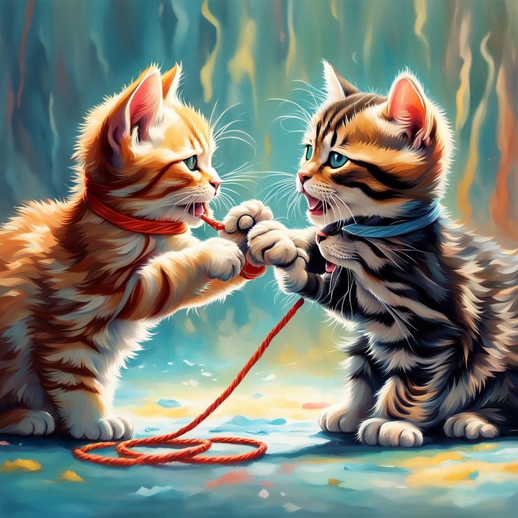 Kittens' Tug-of-War: Hyperrealistic Splash Art