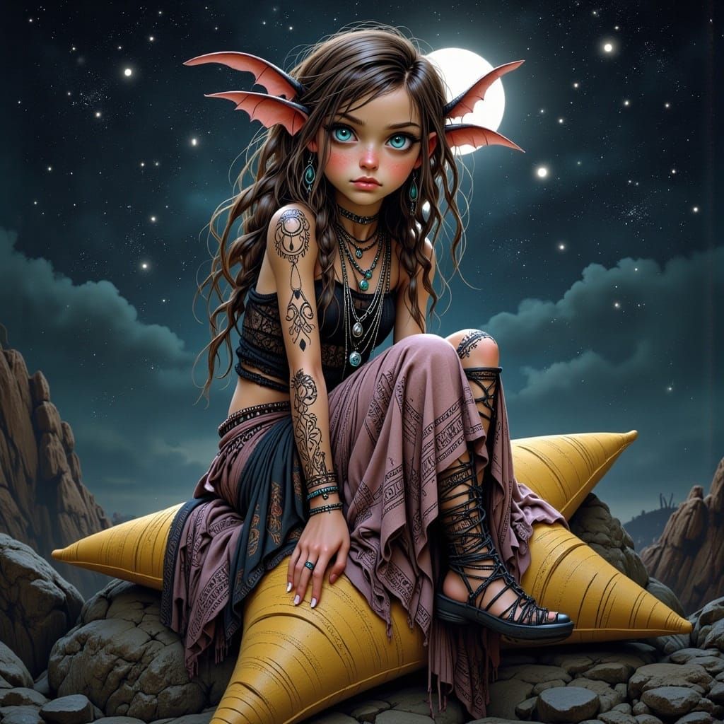 Whimsical Pixie on a Starry Night in Digital Art