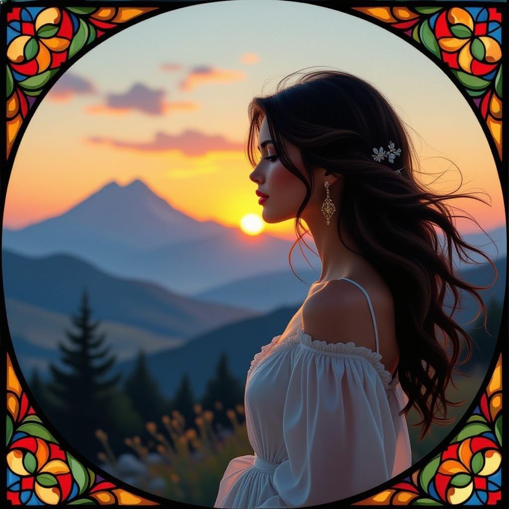 Woman Gazing at Mountain Sunset in Impressionist Stained Gla...