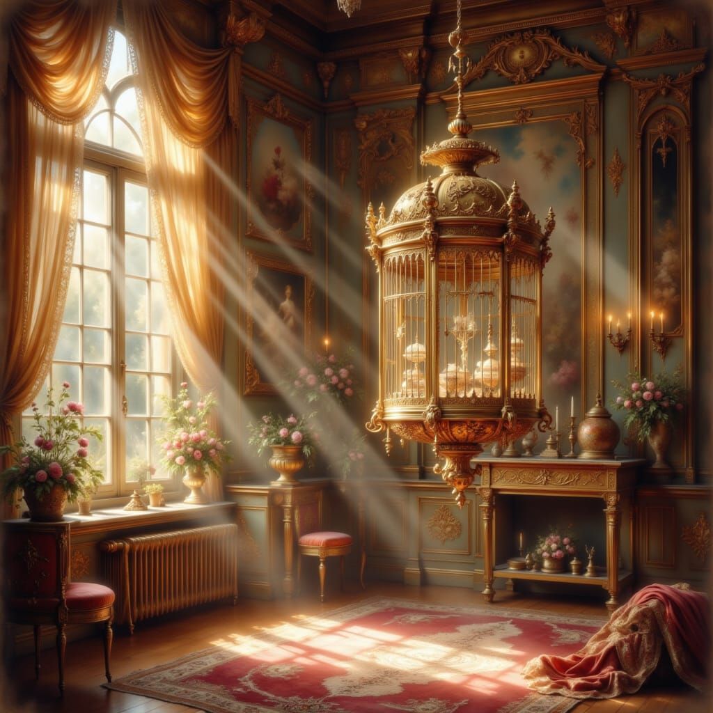 Ornate Golden Birdcage in Sunlit Room