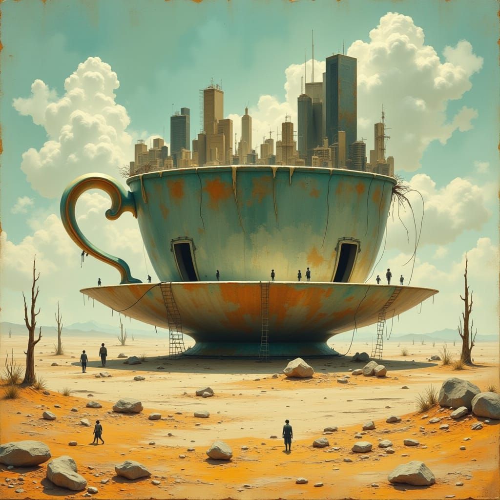 Giant Teacup City in Desert Landscape