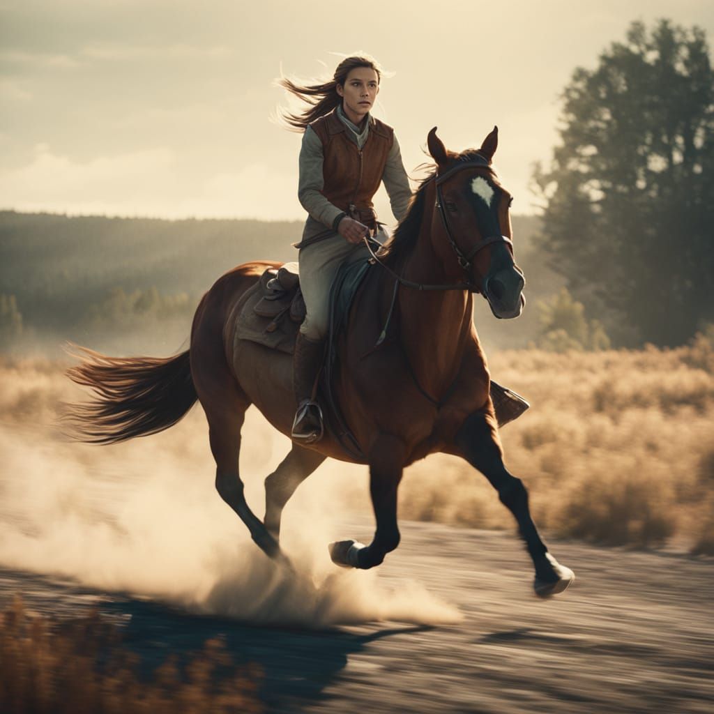 Horse and Rider Gallop on Gravel Road Cinematic
