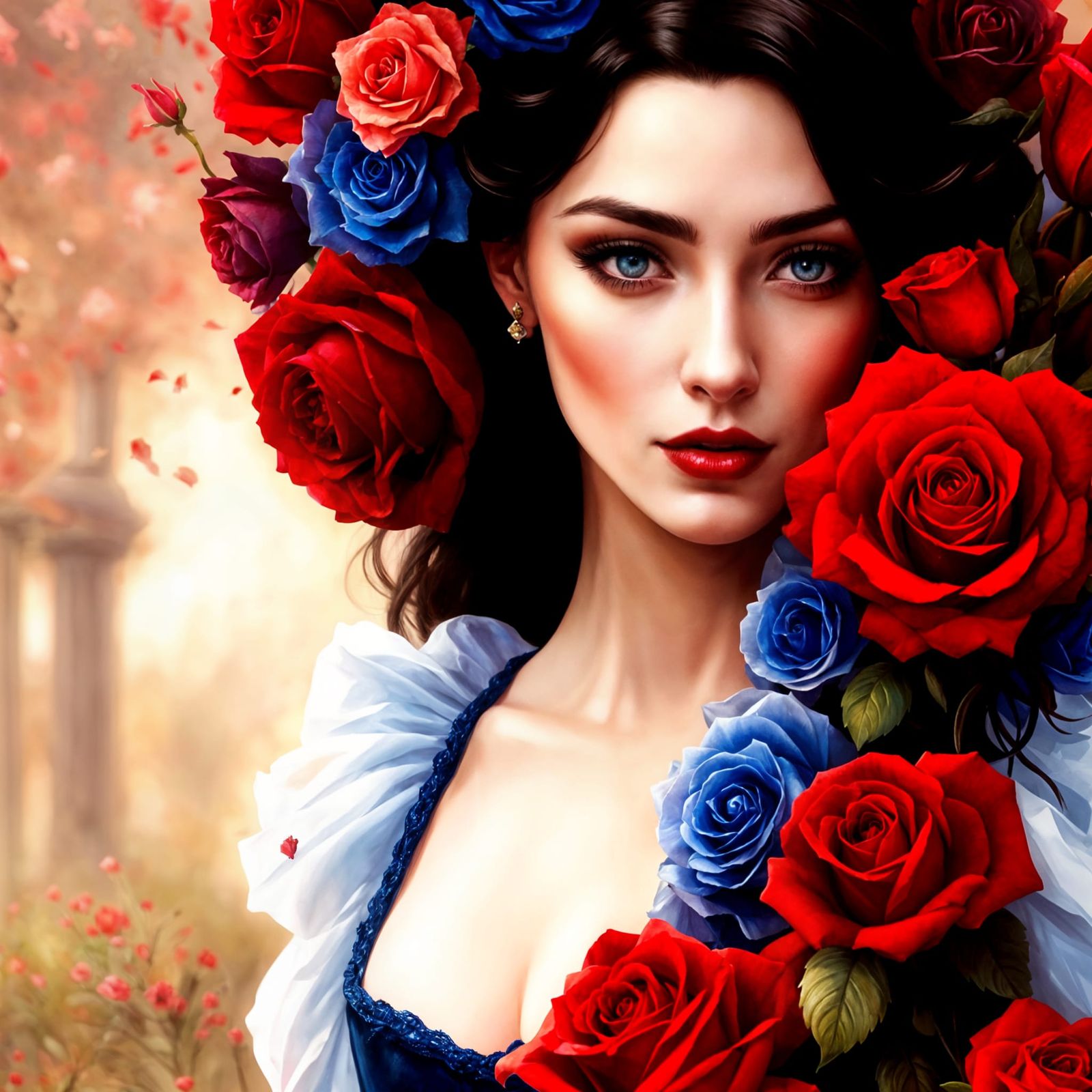 Pretty brunette girl with blue eyes dressed in Victorian Age clothing, red roses and flowers, lots of vibrant colors, wa...