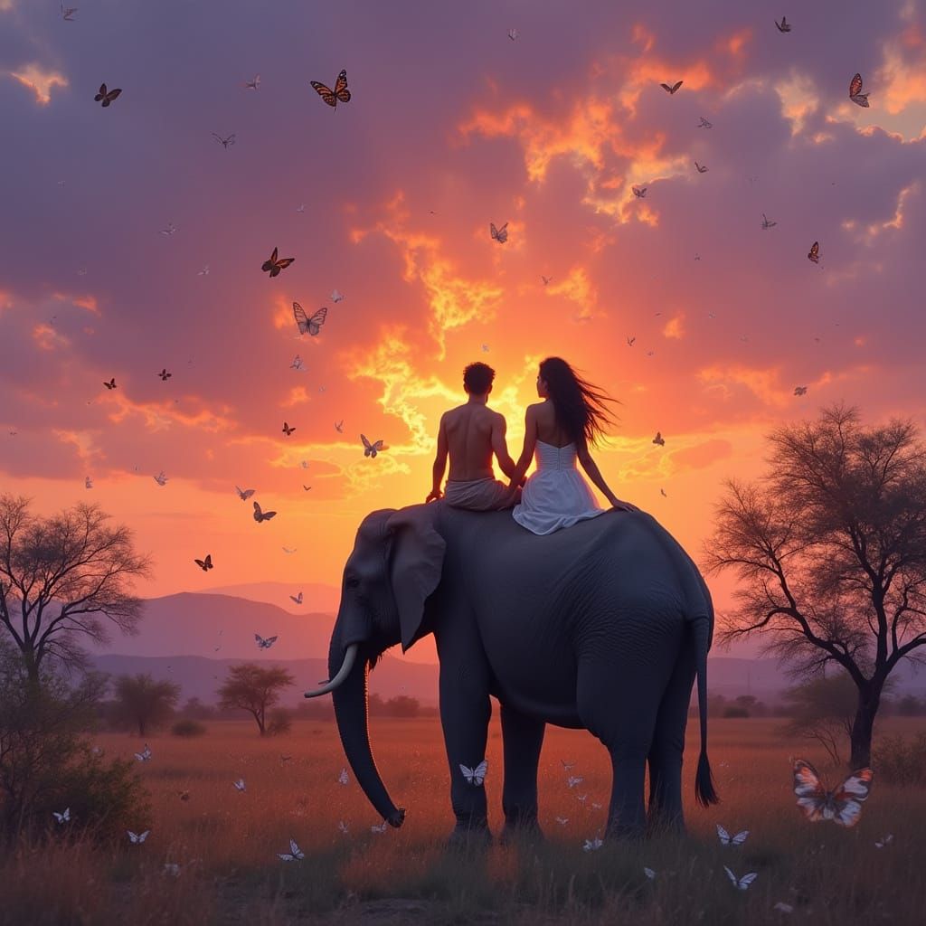 Couple Rides Elephant into Vibrant Sunrise