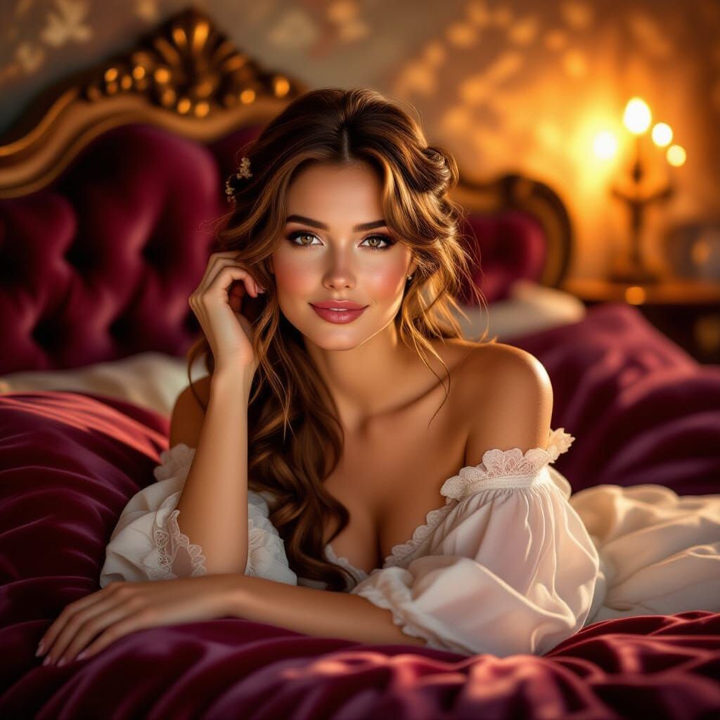 Woman Relaxing on Velvet Bed in Golden Hour
