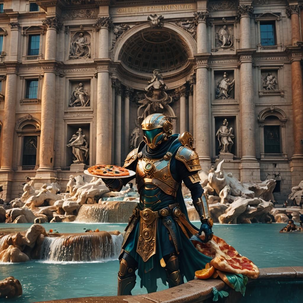 Ethereal Steampunk Centurion Savoring Pizza at Trevi