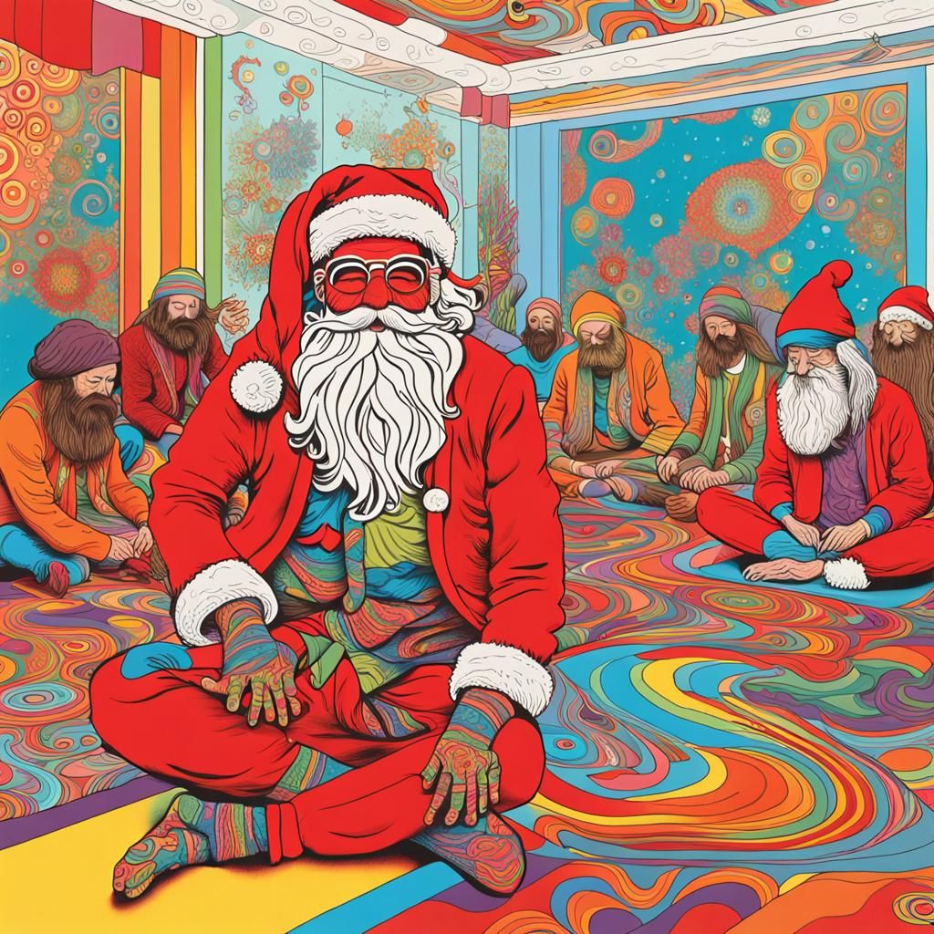 Santa Does Yoga: Psychedelic Pen and Ink Illustration