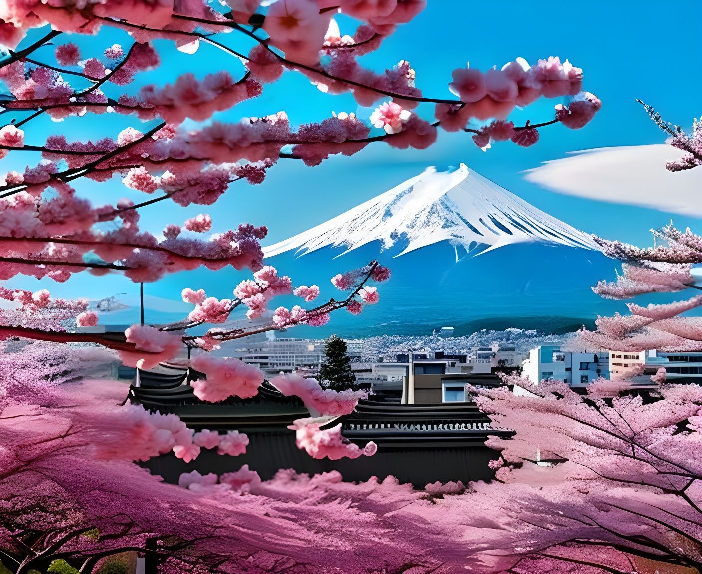 Cherry Blossoms in Japanese City with Mount Fuji