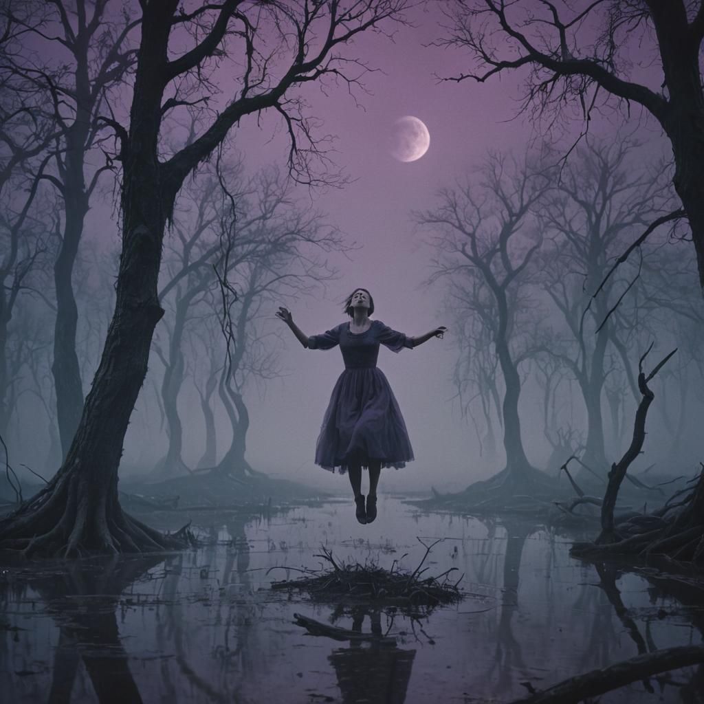 Ethereal Woman Levitating in a Foggy Swamp