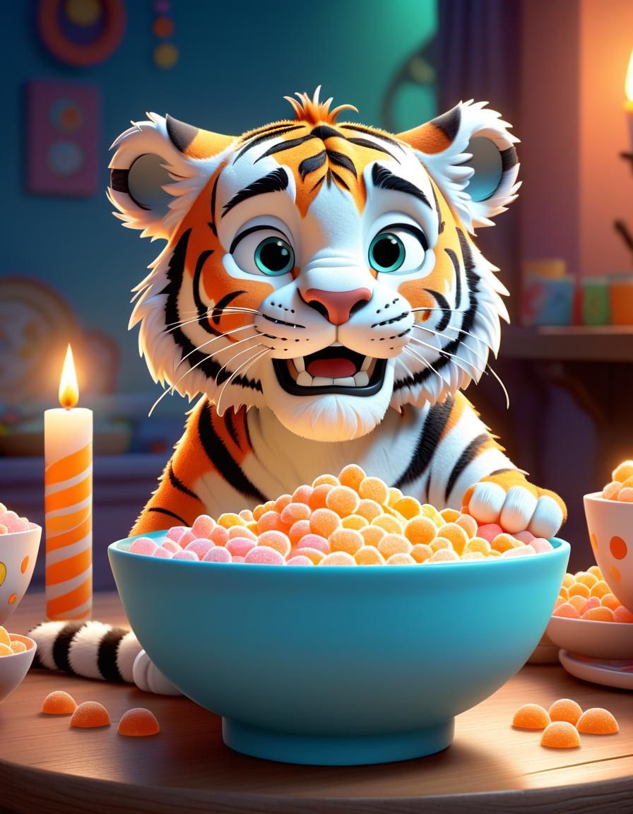 Tiger Eating Cereal: Pixar-Style 3D Digital Art