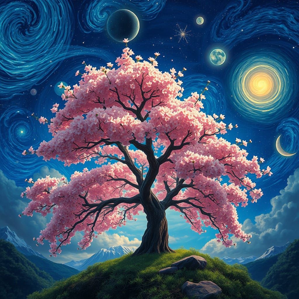 Ethereal Cherry Blossom Tree Under Starry Night Sky in Impre...