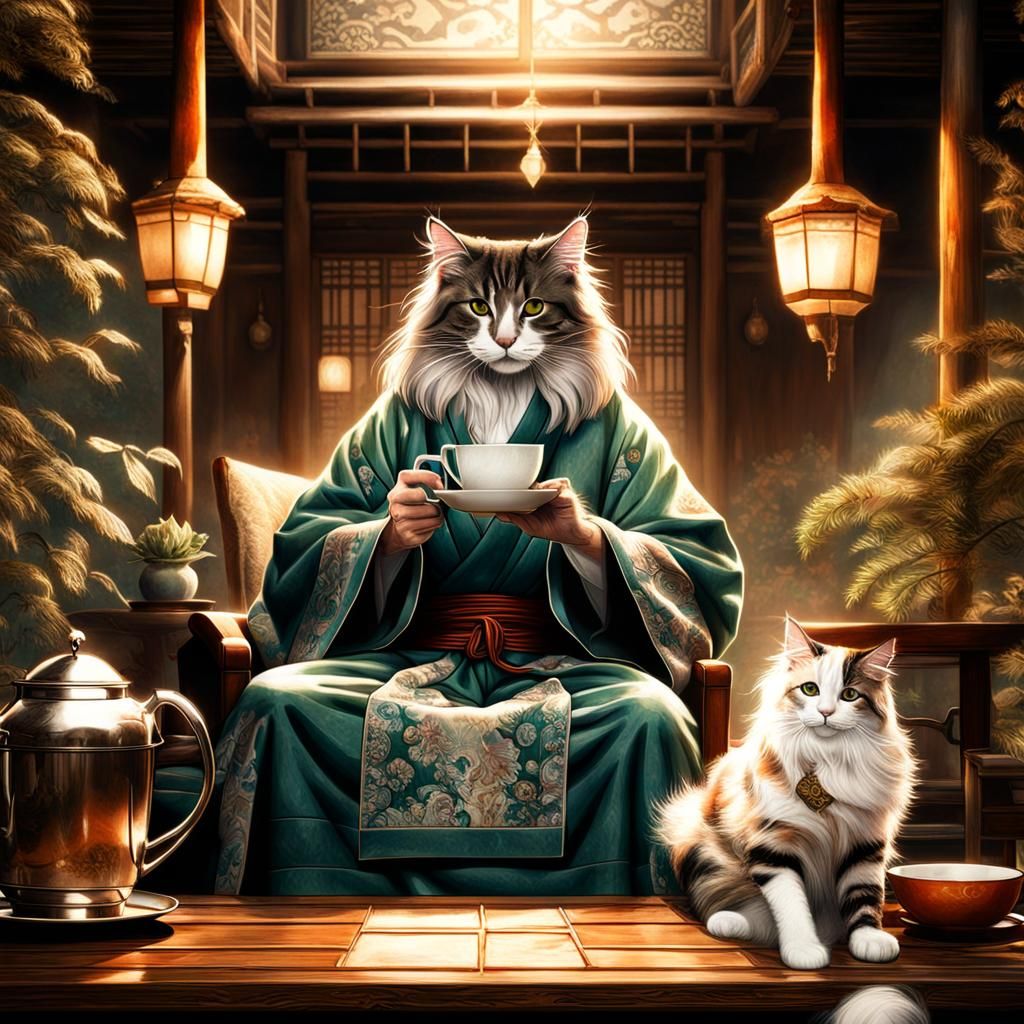 Elven Man and Cat Enjoying Tea in Kimono