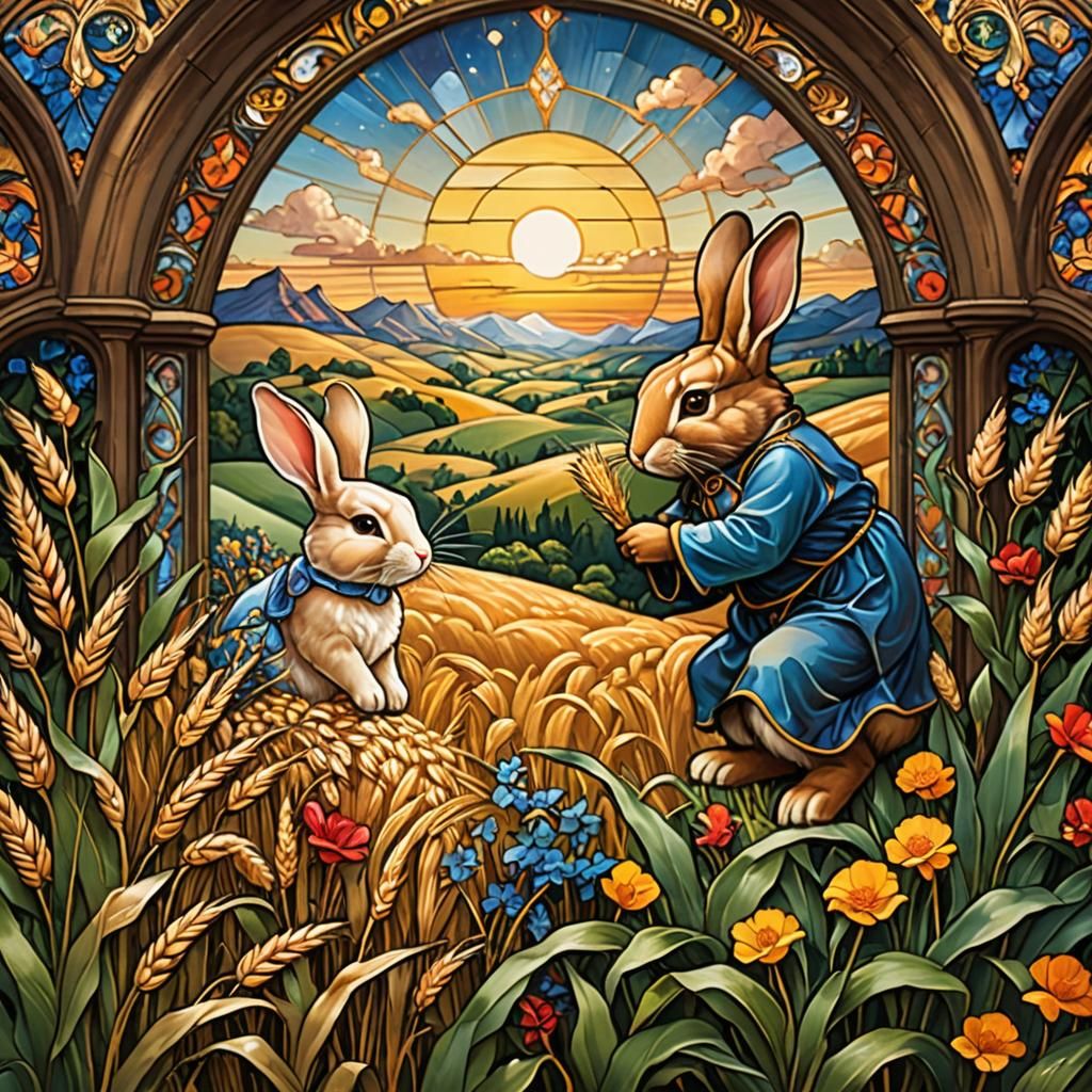 Rabbits Harvesting Grain in Stained Glass Style