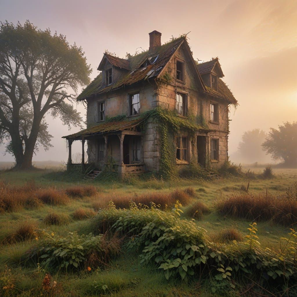 Abandoned House in Golden Hour Fog