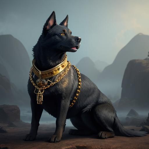 Dog with Golden Chain Collar: Detailed Matte Painting