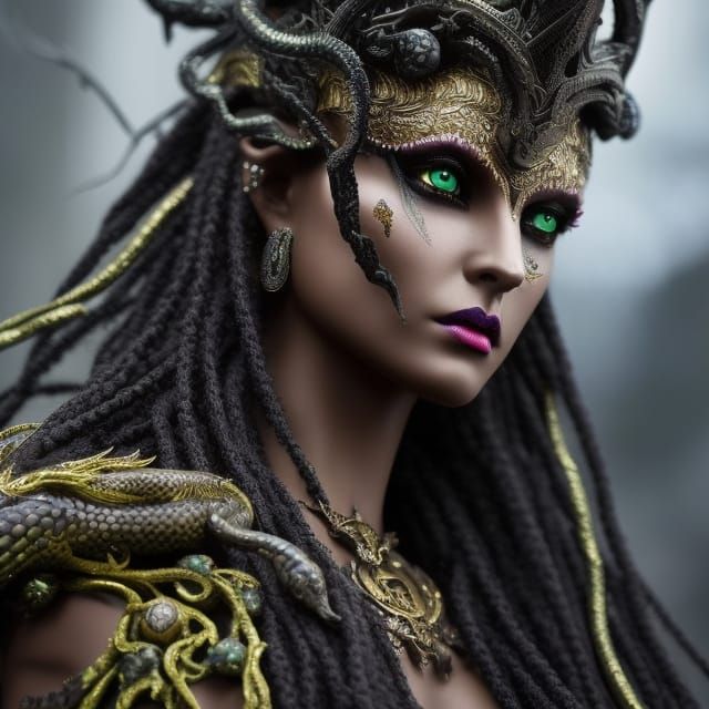 Elaborate Dark Elf Medusa in a Fantasy Setting