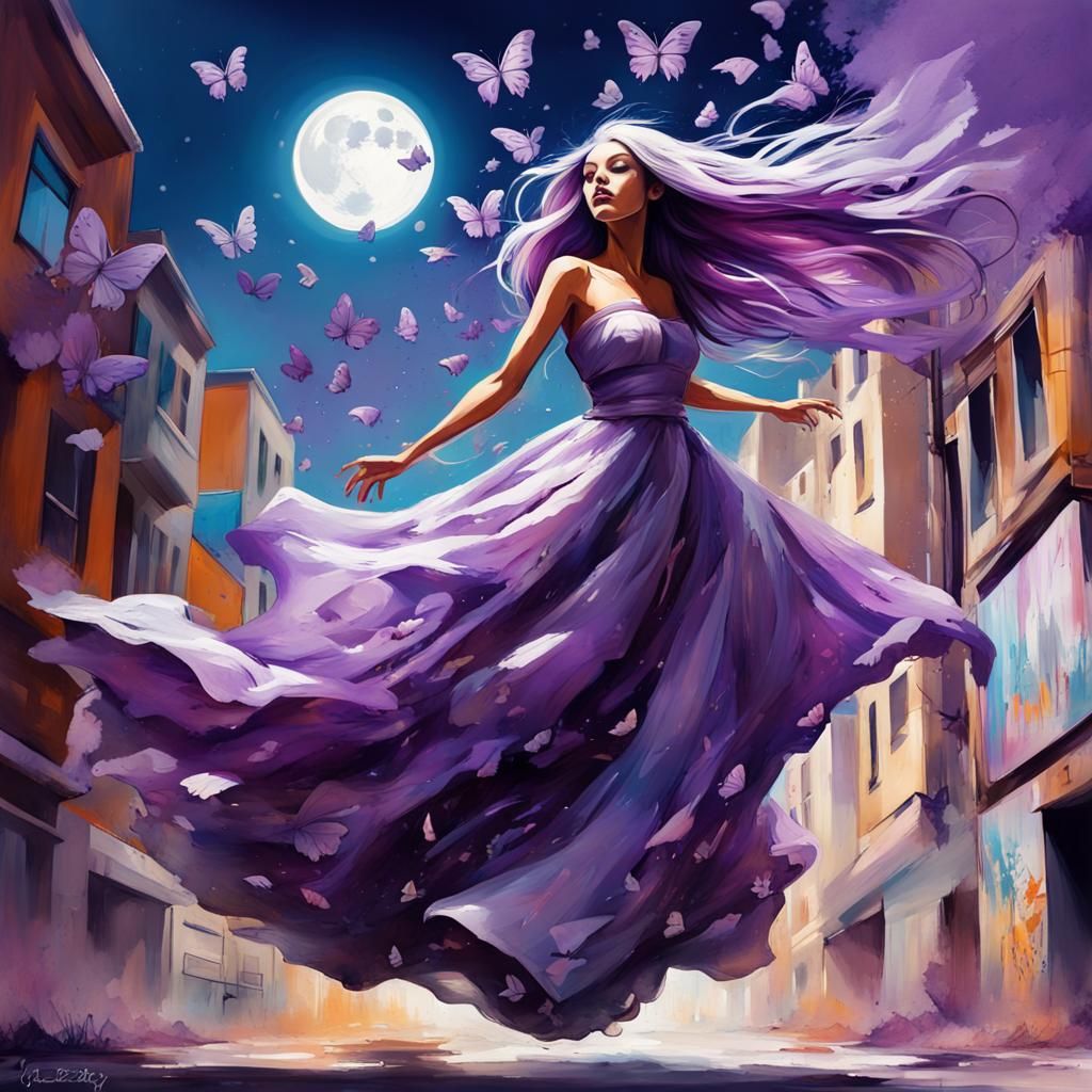 Girl Flies in Moonlight City: Graffiti Art Style