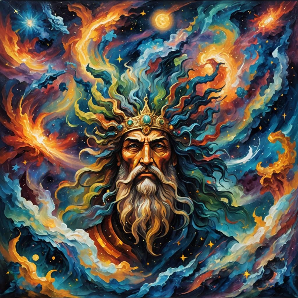 Cosmic Battle: Gods and Titans in Neo-Impressionism