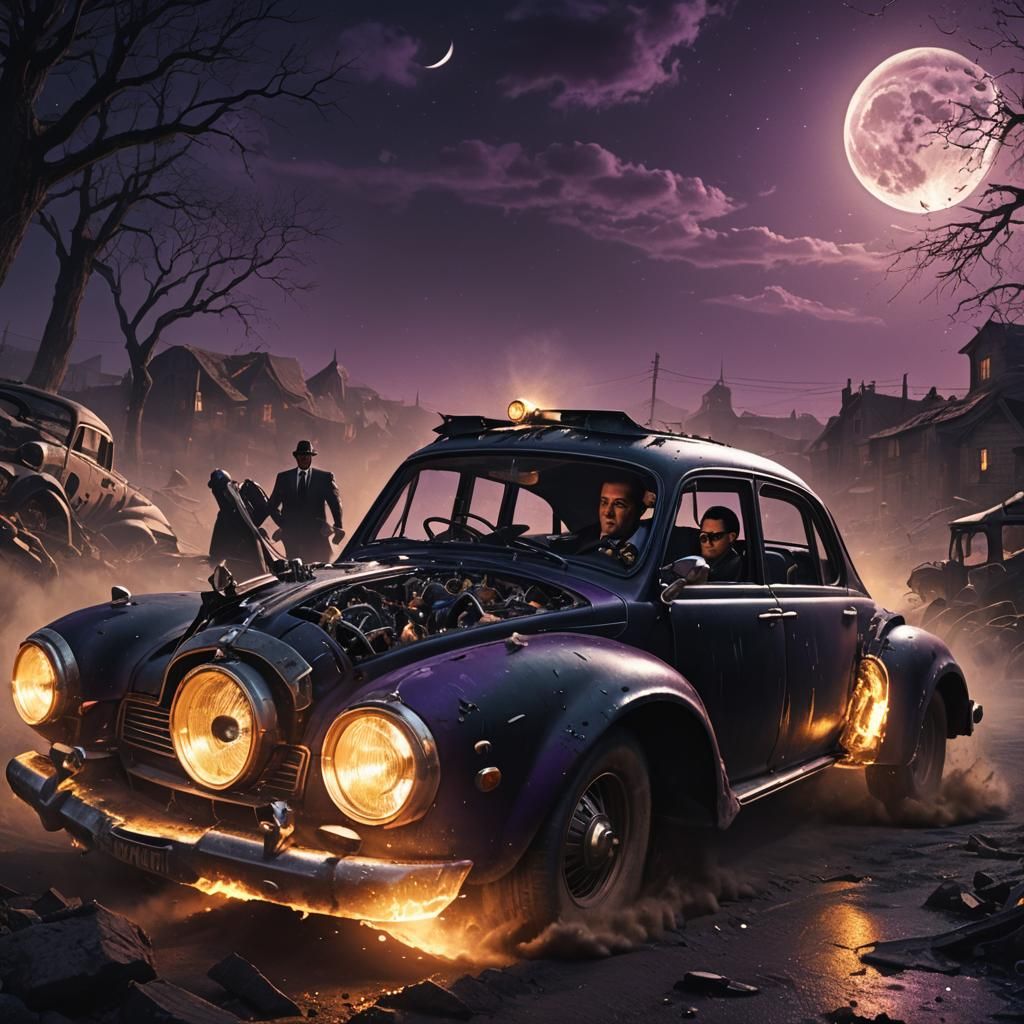 Men in Black Driving Under Dark Moon