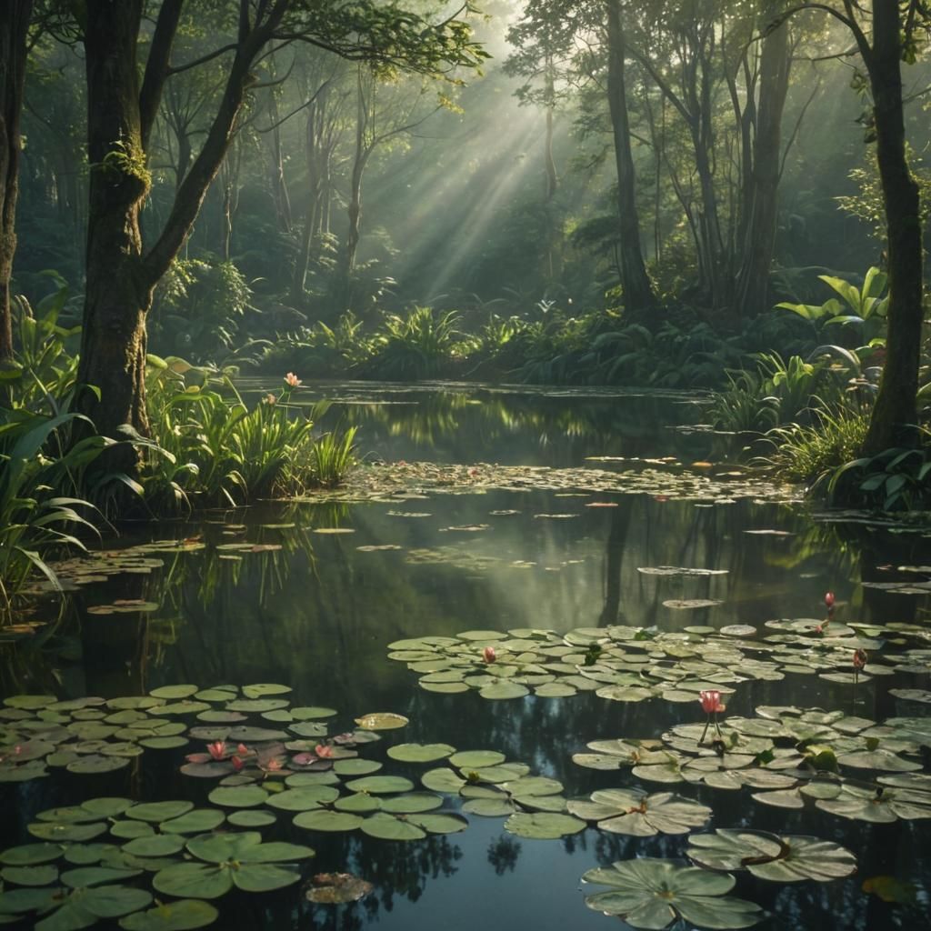 Lush Green Pond in Sunlight: Digital Matte Painting