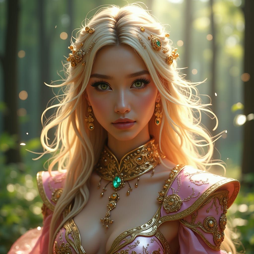 Ethereal Woman in Golden Armor, Fantasy Forest Scene