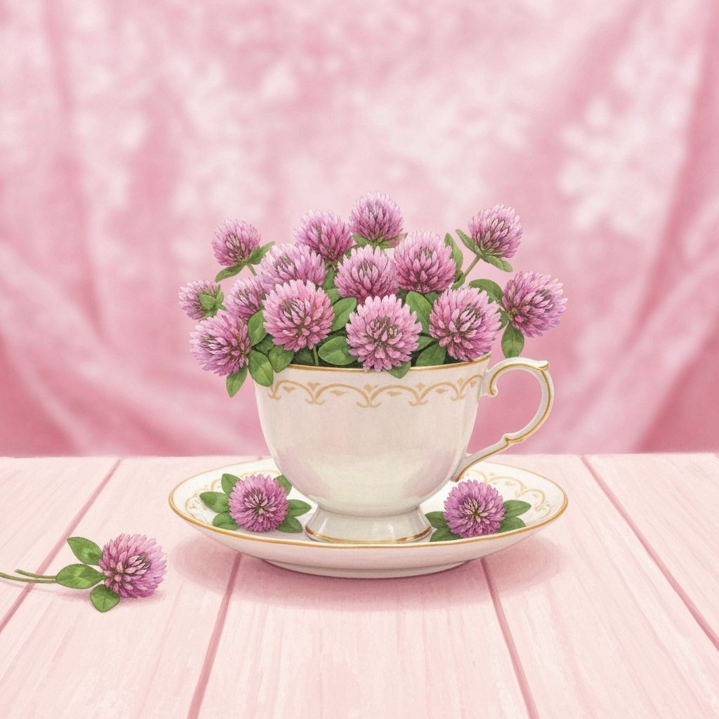 Vintage Teacup with Clover Flowers in Pastel Watercolor