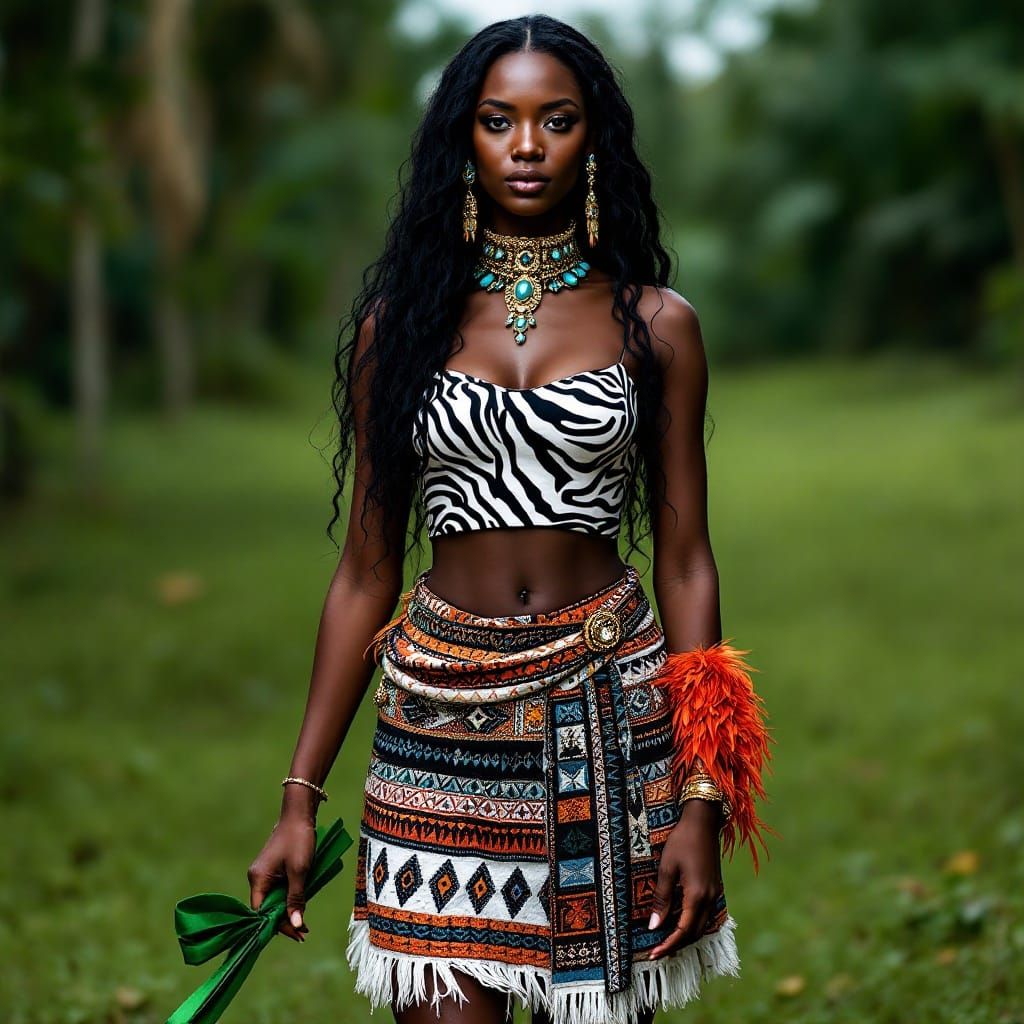 Dark Skinned Woman in Vibrant Jungle Ensemble
