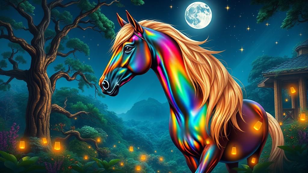 Majestic Rainbow Horse in Mystical Garden