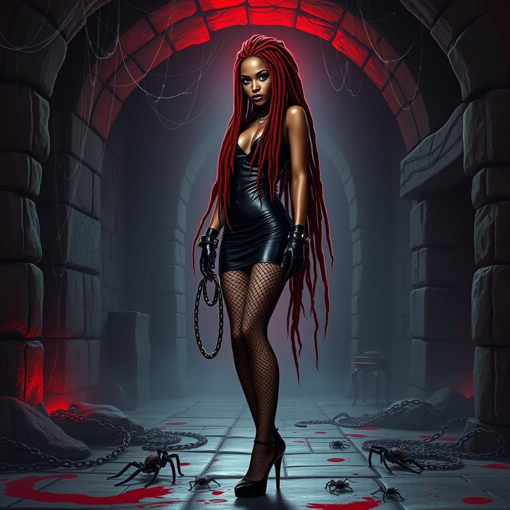 Steampunk Dominatrix in Red Dreadlocks, Black Leather, and C...